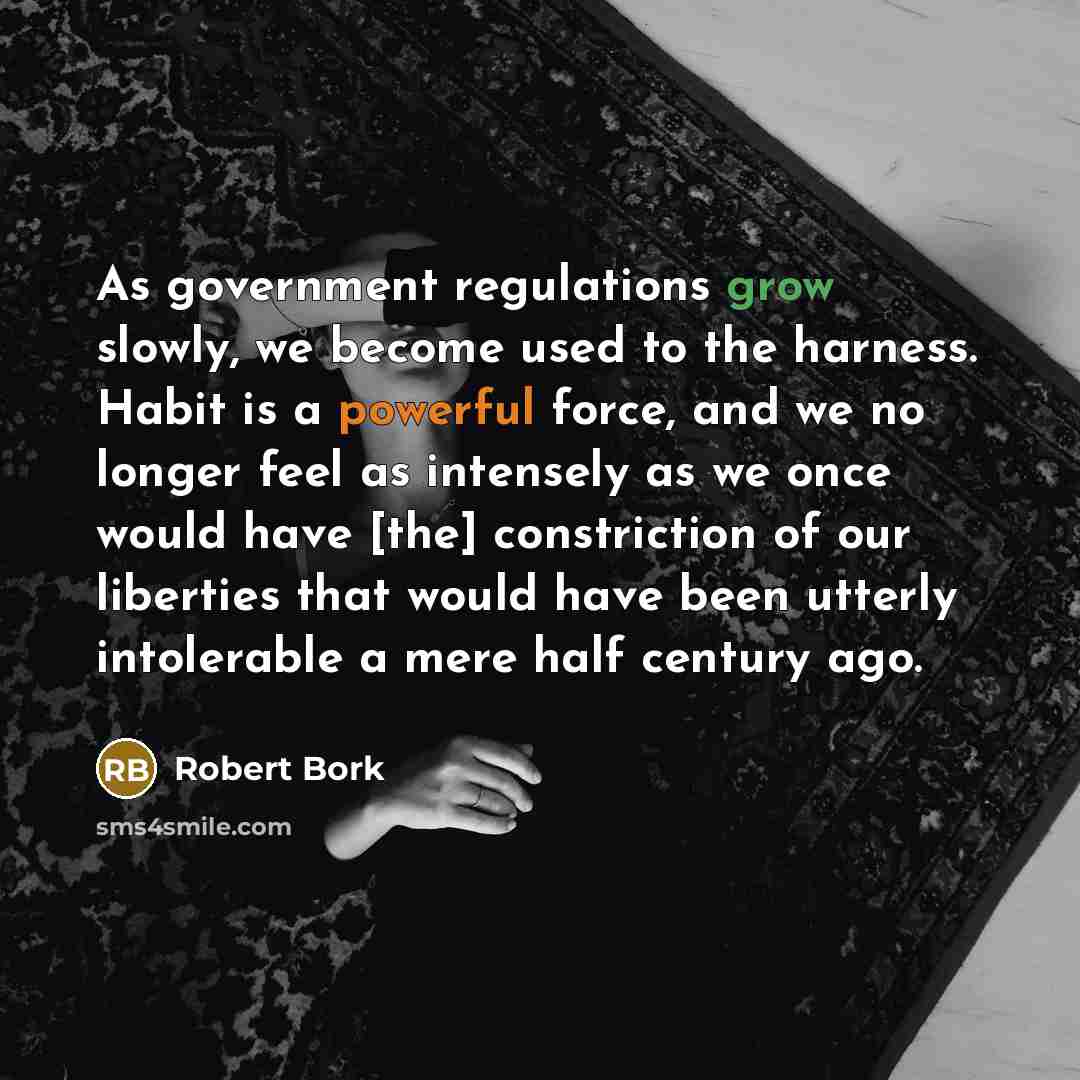 “As government regulations grow slowly, we become used to the…” quote by Robert Bork