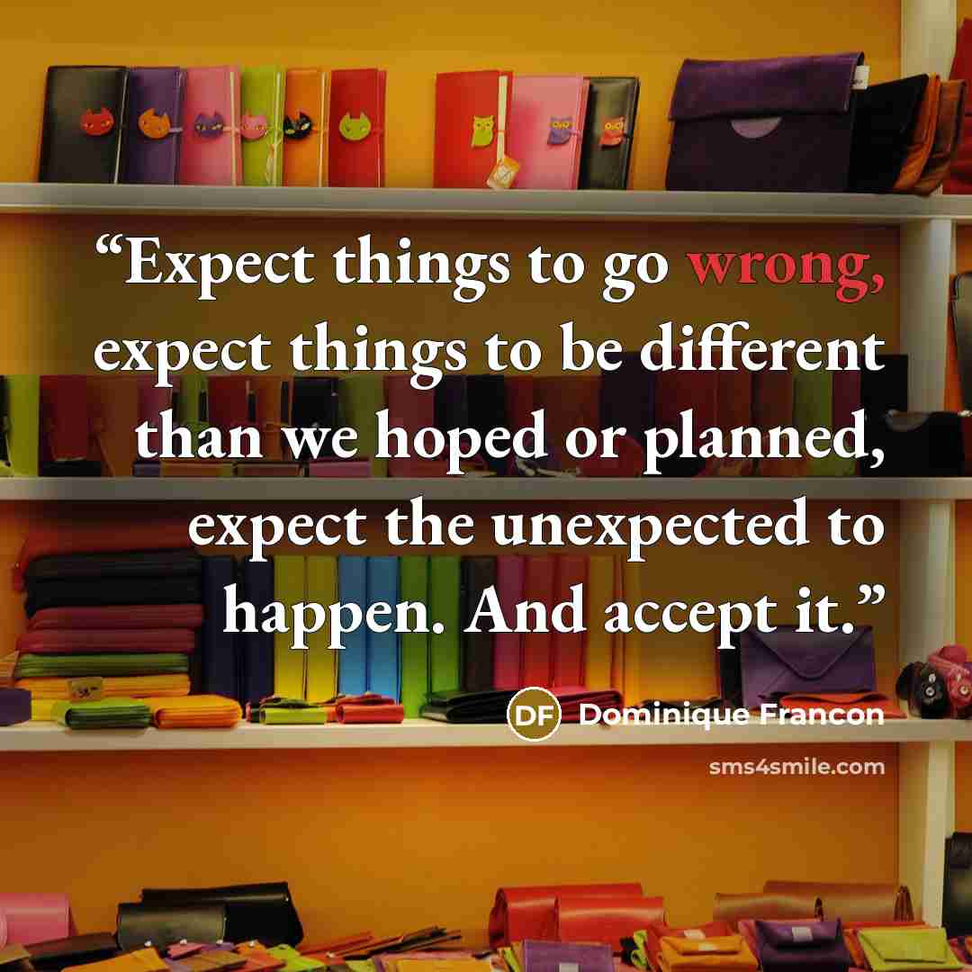 “Expect things to go wrong, expect things to be different than we hoped or planned, expect the unexpected to happen. And accept it.” quote by Dominique Francon