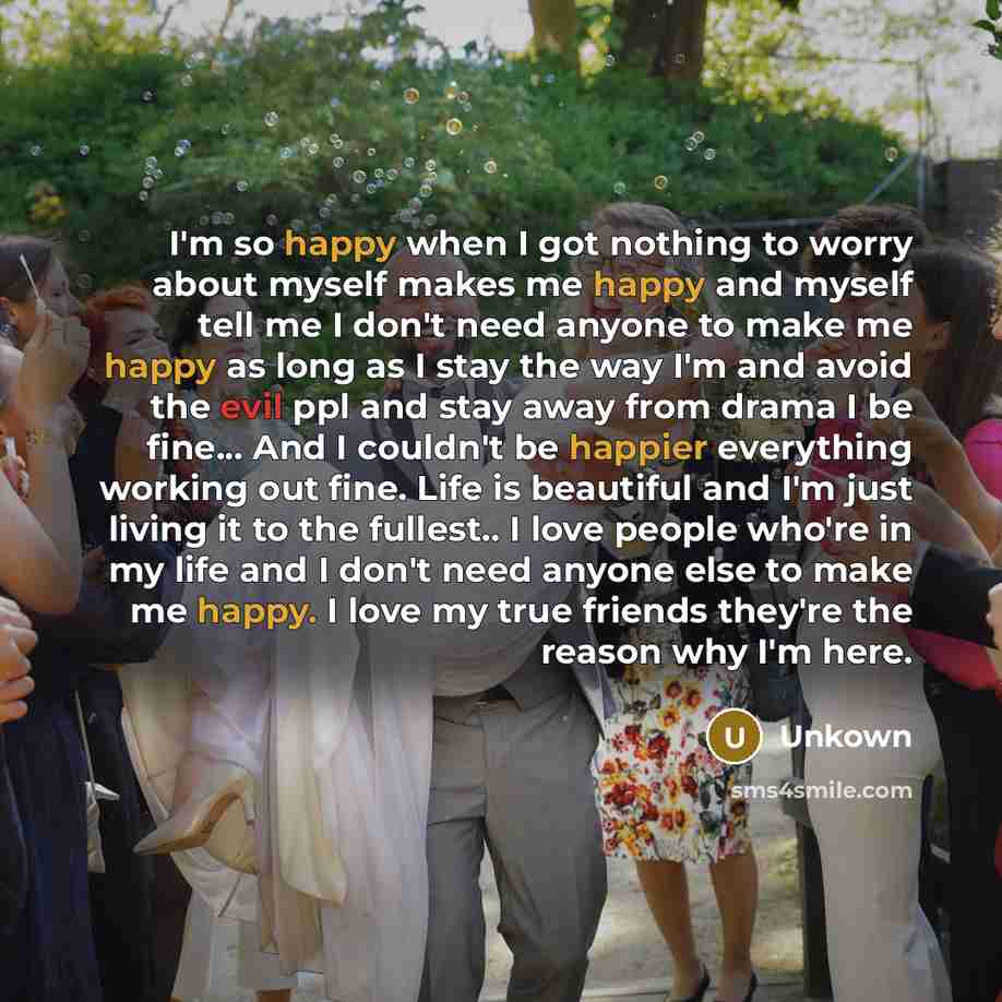 “I'm so happy when I got nothing to worry about myself makes me happy and myself tell me I don't need anyone to make me happy as long as I stay the way I'm and avoid the evil ppl and stay away from drama I be fine... And I couldn't be happier everything working out fine. Life is beautiful and I'm…” quote by Unkown
