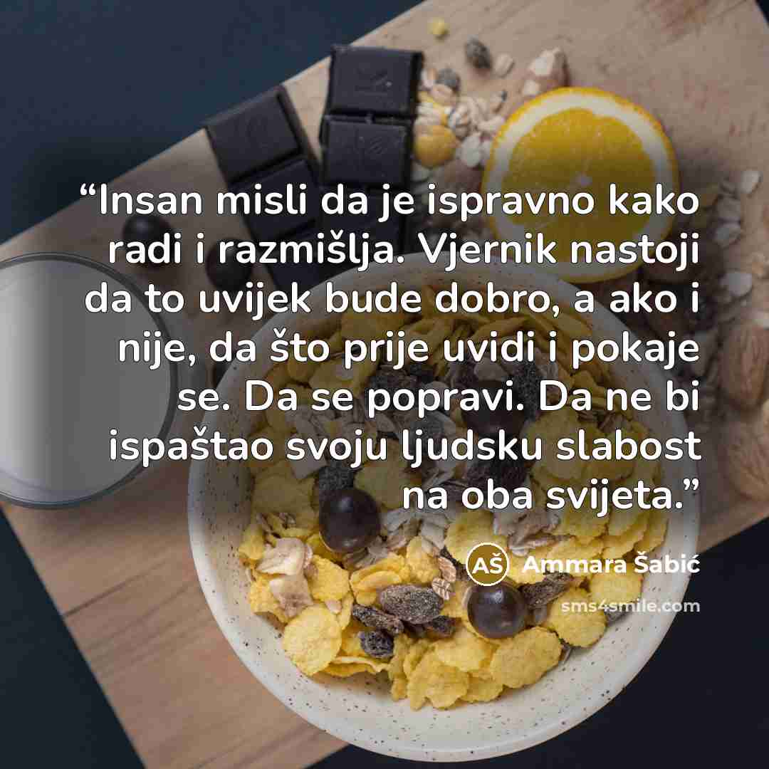“Insan misli da je ispravno kako radi i razmišlja. Vjernik nastoji da to uvijek bude dobro, a ako i nije, da što prije uvidi i pokaje se. Da se popravi. Da ne bi ispaštao svoju ljudsku slabost na oba svijeta.” quote by Ammara Šabić
