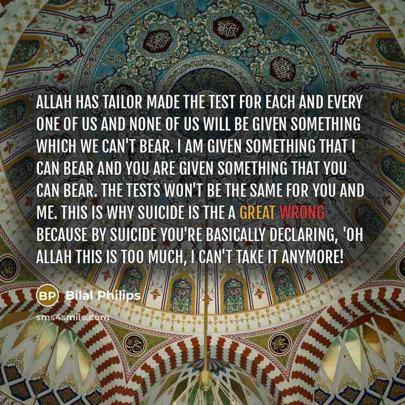 “Allah has tailor made the test for each and every one of us and none of us will be given something which we can't bear. I am given something that I can bear and you are given something that YOU can bear. The tests won't be the same for you and me. This is why suicide is the a great wrong because…” quote by Bilal Philips