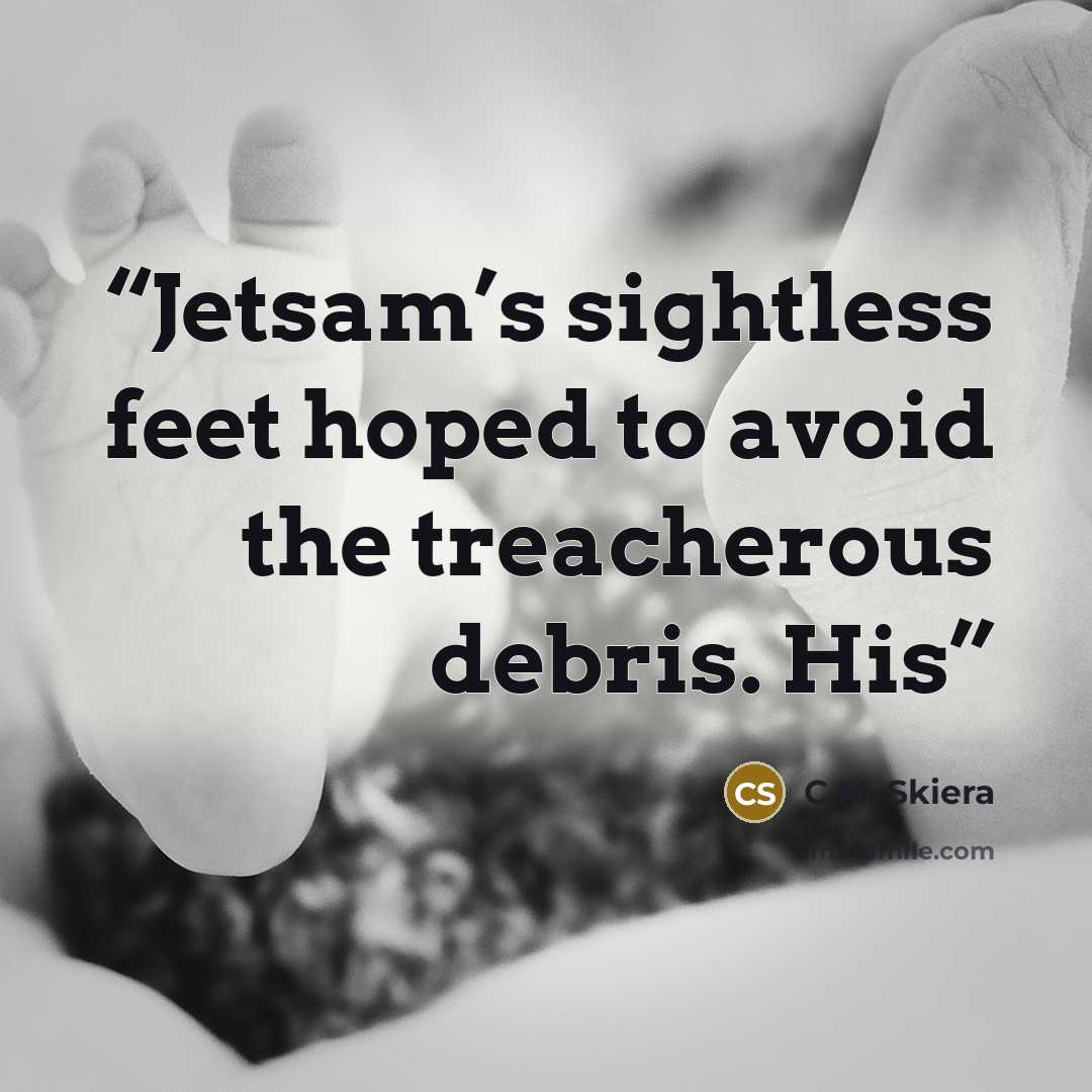 “Jetsam’s sightless feet hoped to avoid the treacherous debris. His” quote by C.M. Skiera
