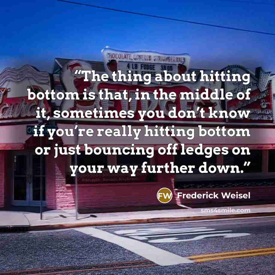 “The thing about hitting bottom is that, in the middle of it, sometimes you don’t know if you’re really hitting bottom or just bouncing off ledges on your way further down.” quote by Frederick Weisel