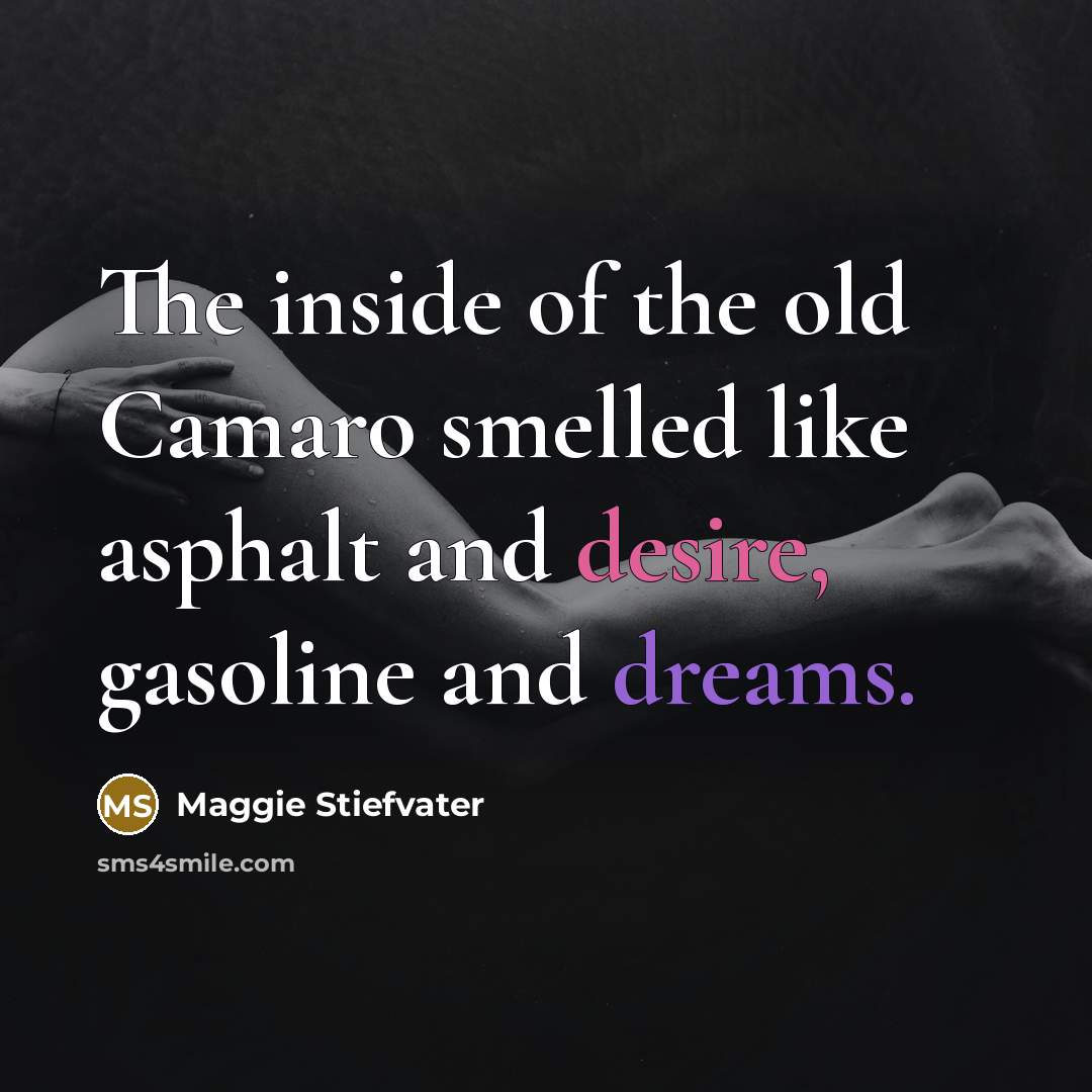 “The inside of the old Camaro smelled like asphalt and…” quote by Maggie Stiefvater