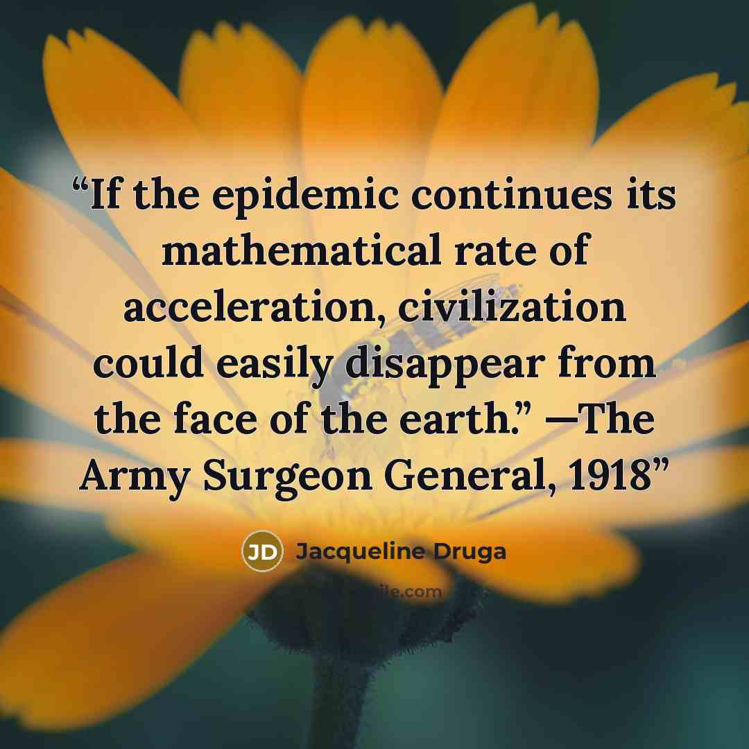 “If the epidemic continues its mathematical rate of acceleration, civilization could easily disappear from the face of the earth.” —The Army Surgeon General, 1918” quote by Jacqueline Druga