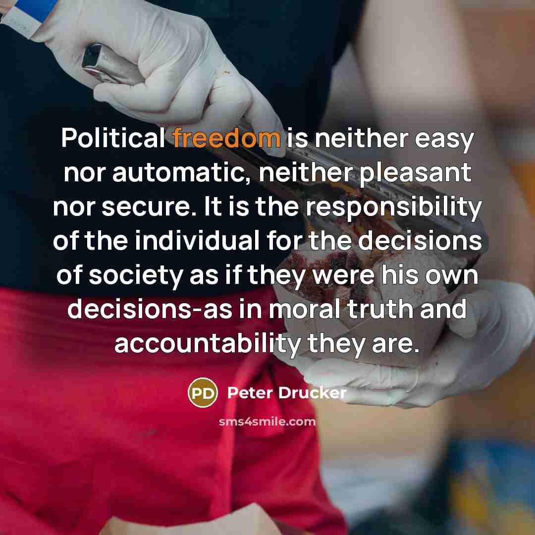 “Political freedom is neither easy nor automatic, neither pleasant nor…” quote by Peter Drucker