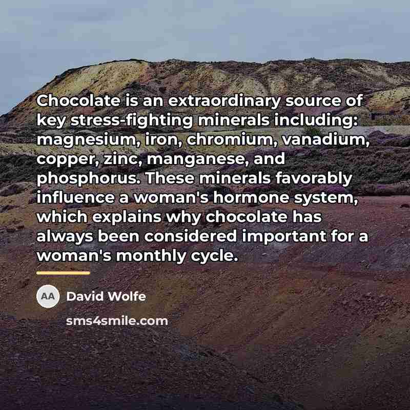 “Chocolate is an extraordinary source of key stress-fighting minerals including:…” quote by David Wolfe