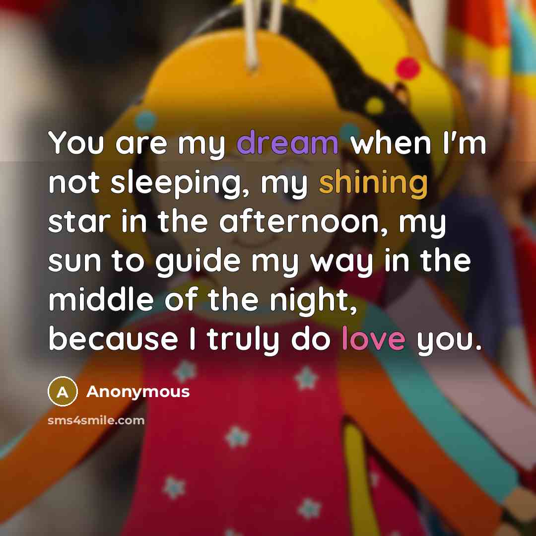 “You are my dream when I'm not sleeping, my shining star in the afternoon, my sun to guide my way in the middle of the night, because I truly do love you.” quote by Anonymous