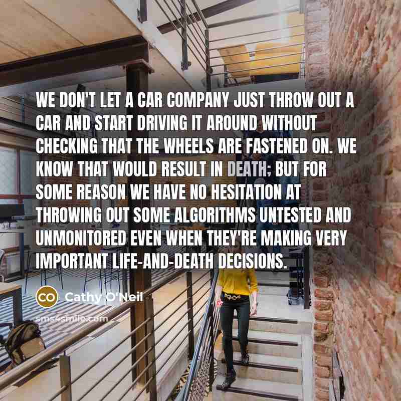 “We don't let a car company just throw out a…” quote by Cathy O'Neil