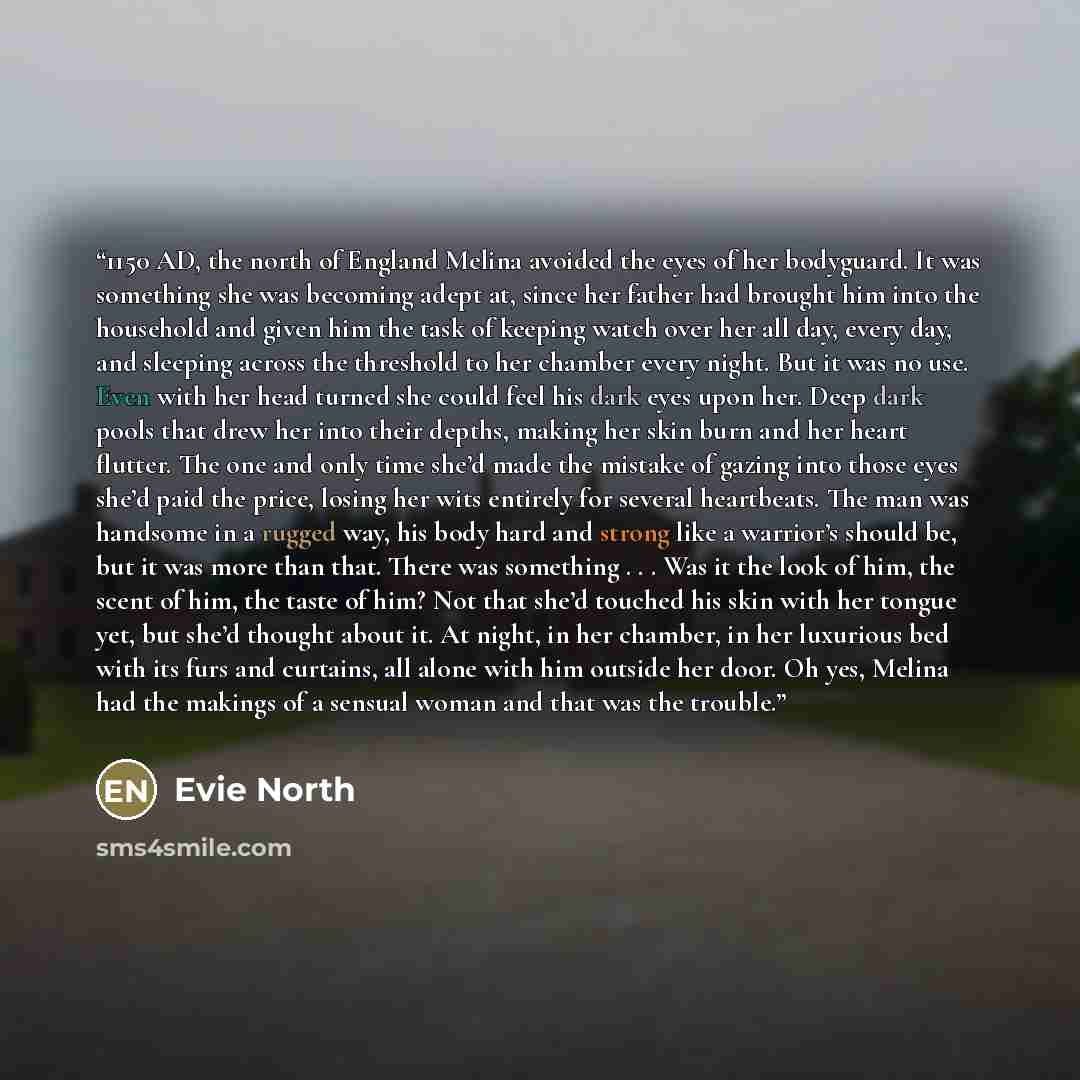 “1150 AD, the north of England Melina avoided the eyes of her bodyguard. It was something she was becoming adept at, since her father had brought him into the household and given him the task of keeping watch over her all day, every day, and sleeping across the threshold to her chamber every night…” quote by Evie North