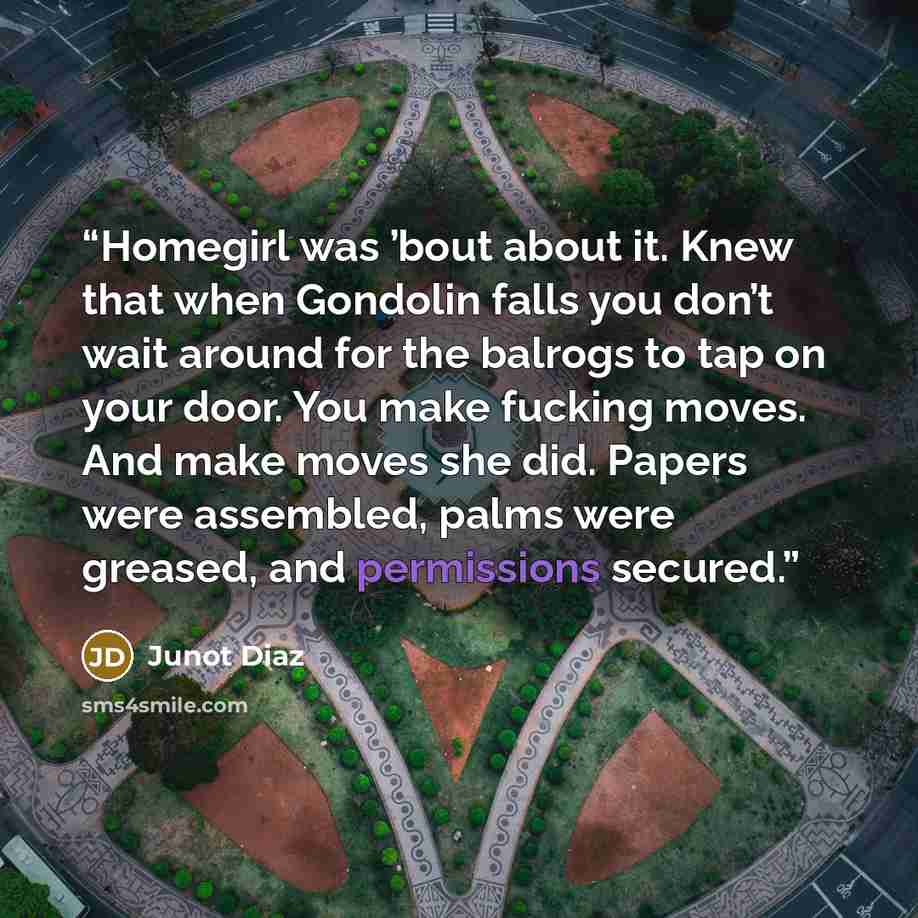 “Homegirl was ’bout about it. Knew that when Gondolin falls you don’t wait around for the balrogs to tap on your door. You make fucking moves. And make moves she did. Papers were assembled, palms were greased, and permissions secured.” quote by Junot Díaz