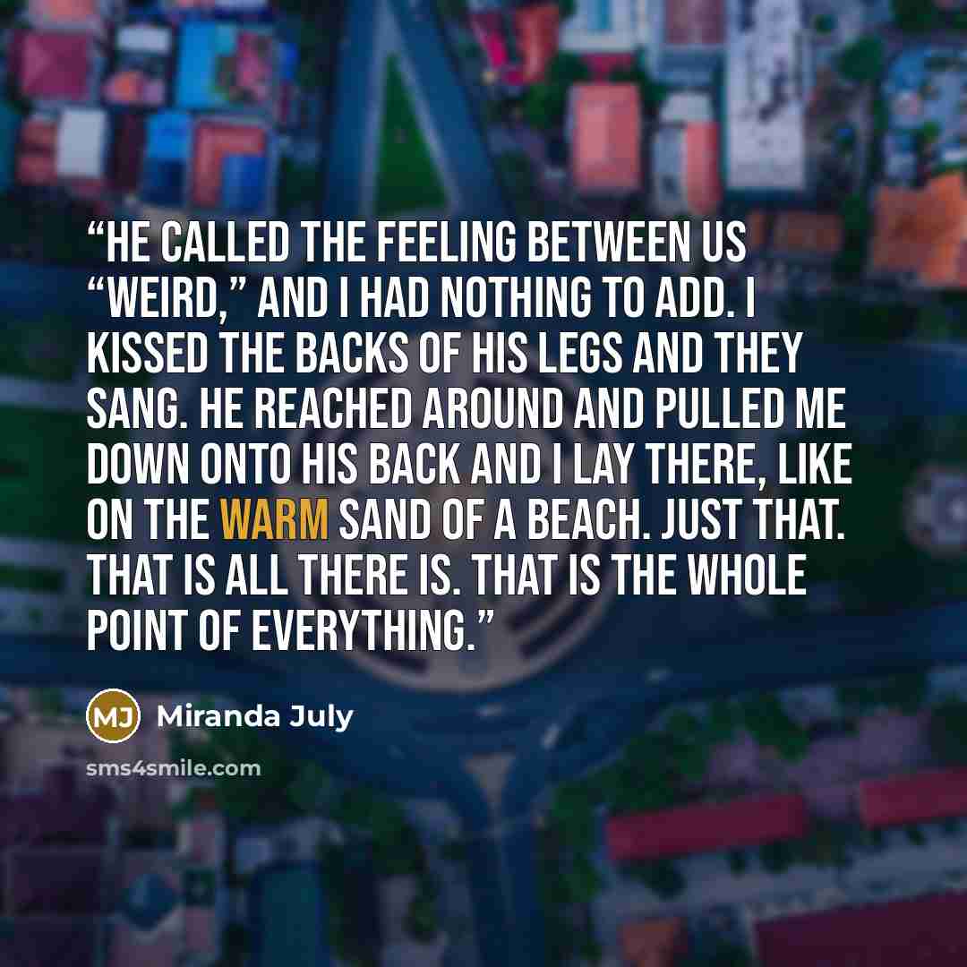 “He called the feeling between us “weird,” and I had nothing to add. I kissed the backs of his legs and they sang. He reached around and pulled me down onto his back and I lay there, like on the warm sand of a beach. Just that. That is all there is. That is the whole point of everything.” quote by Miranda July