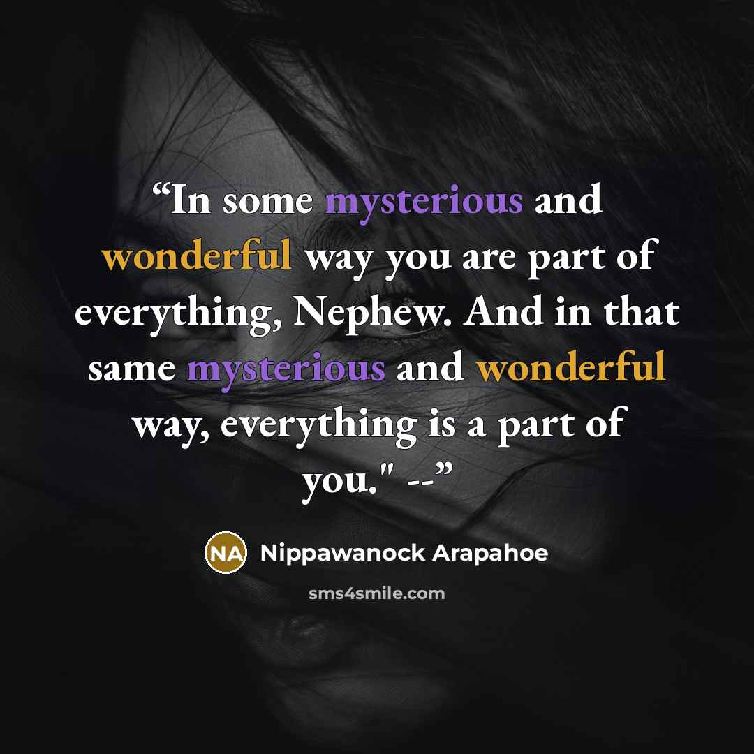 “In some mysterious and wonderful way you are part of everything, Nephew. And in that same mysterious and wonderful way, everything is a part of you." --” quote by Nippawanock Arapahoe