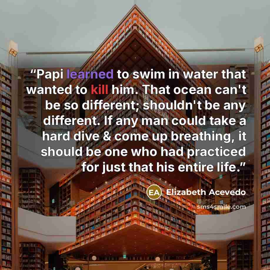 “Papi learned to swim in water that wanted to kill him. That ocean can't be so different; shouldn't be any different. If any man could take a hard dive & come up breathing, it should be one who had practiced for just that his entire life.” quote by Elizabeth Acevedo