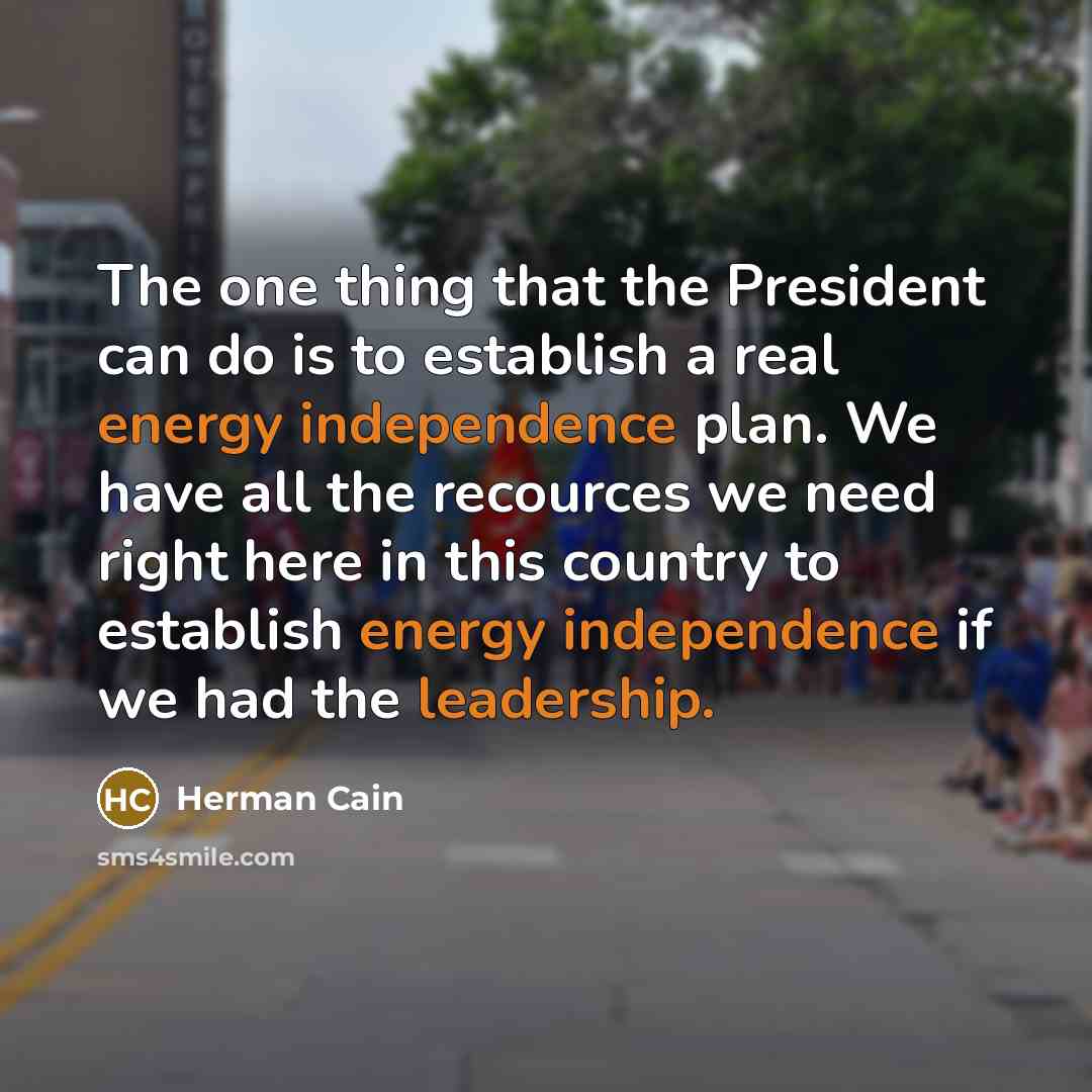 “The one thing that the President can do is to establish a real energy independence plan. We have all the recources we need right here in this country to establish energy independence if we had the leadership.” quote by Herman Cain