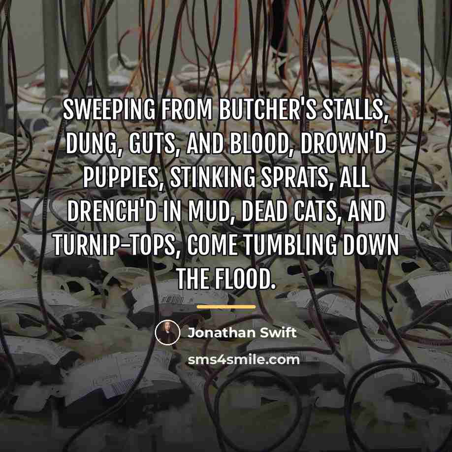 “Sweeping from butcher's stalls, dung, guts, and blood, Drown'd puppies,…” quote by Jonathan Swift