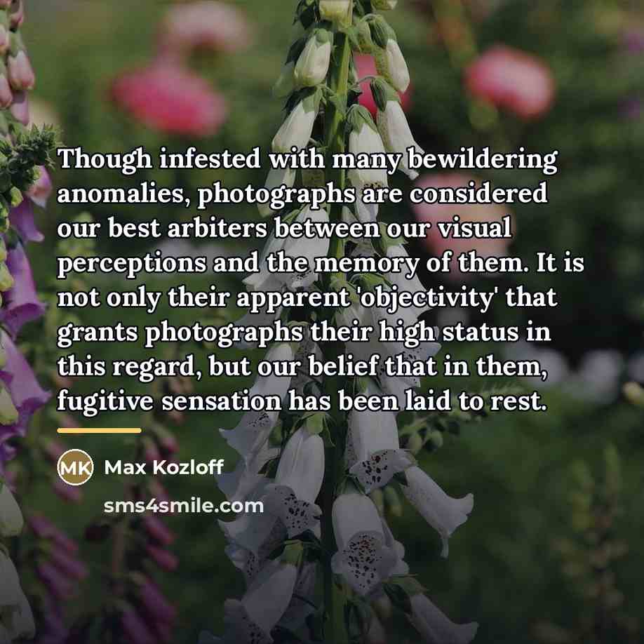 “Though infested with many bewildering anomalies, photographs are considered our…” quote by Max Kozloff