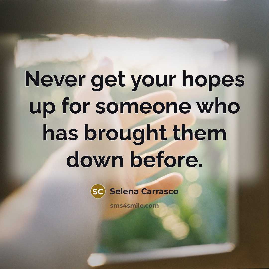 “Never get your hopes up for someone who has brought…” quote by Selena Carrasco
