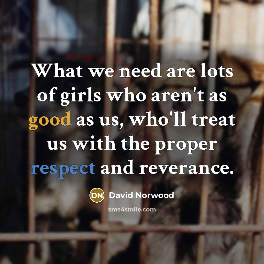 “What we need are lots of girls who aren't as good as us, who'll treat us with the proper respect and reverance.” quote by David Norwood