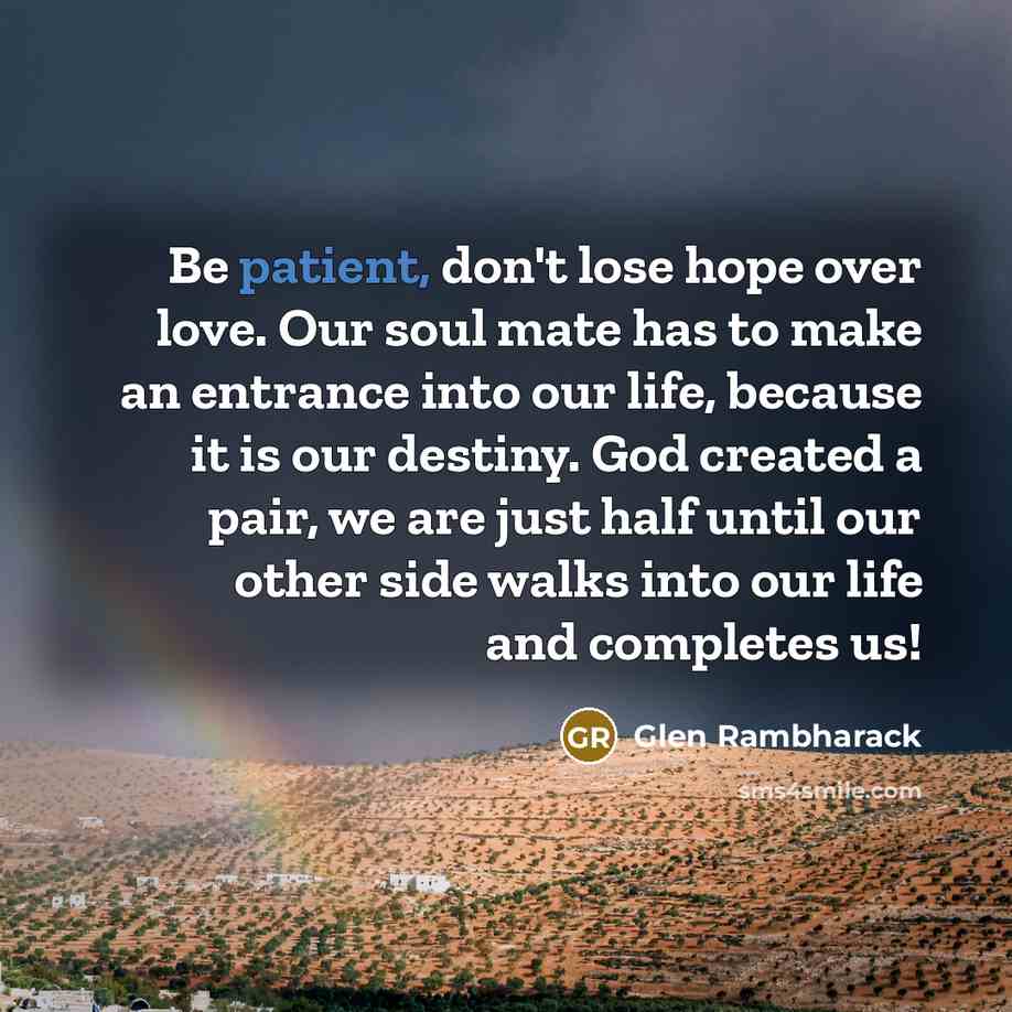 “Be patient, don't lose hope over love. Our soul mate…” quote by Glen Rambharack