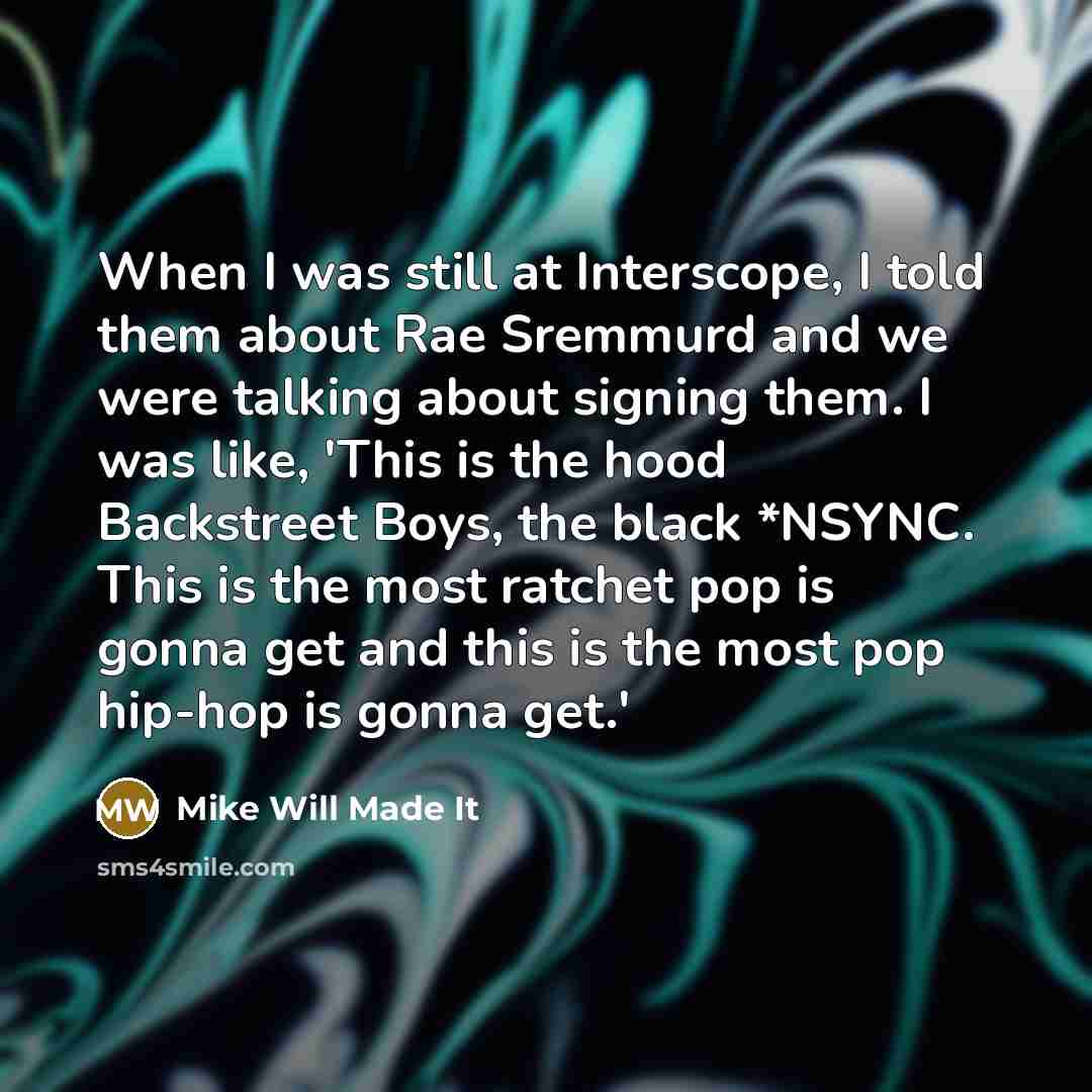 “When I was still at Interscope, I told them about Rae Sremmurd and we were talking about signing them. I was like, 'This is the hood Backstreet Boys, the black *NSYNC. This is the most ratchet pop is gonna get and this is the most pop hip-hop is gonna get.'” quote by Mike Will Made It