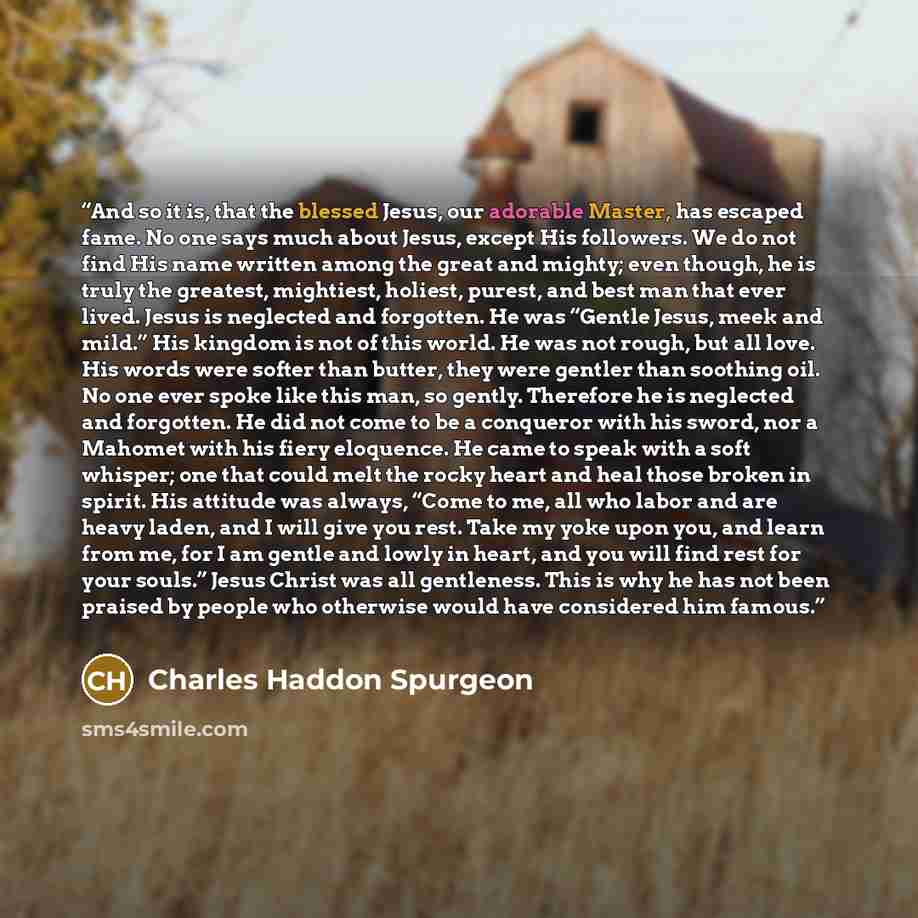 “And so it is, that the blessed Jesus, our adorable Master, has escaped fame. No one says much about Jesus, except His followers. We do not find His name written among the great and mighty; even though, he is truly the greatest, mightiest, holiest, purest, and best man that ever lived. Jesus is…” quote by Charles Haddon Spurgeon