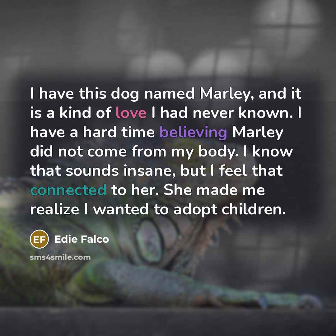 “I have this dog named Marley, and it is a kind of love I had never known. I have a hard time believing Marley did not come from my body. I know that sounds insane, but I feel that connected to her. She made me realize I wanted to adopt children.” quote by Edie Falco