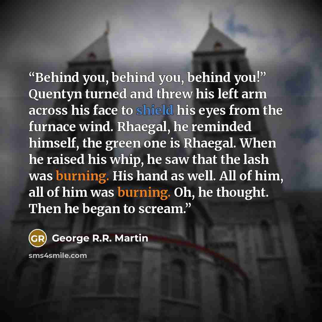 “Behind you, behind you, behind you!” Quentyn turned and threw his left arm across his face to shield his eyes from the furnace wind. Rhaegal, he reminded himself, the green one is Rhaegal. When he raised his whip, he saw that the lash was burning. His hand as well. All of him, all of him was…” quote by George R.R. Martin