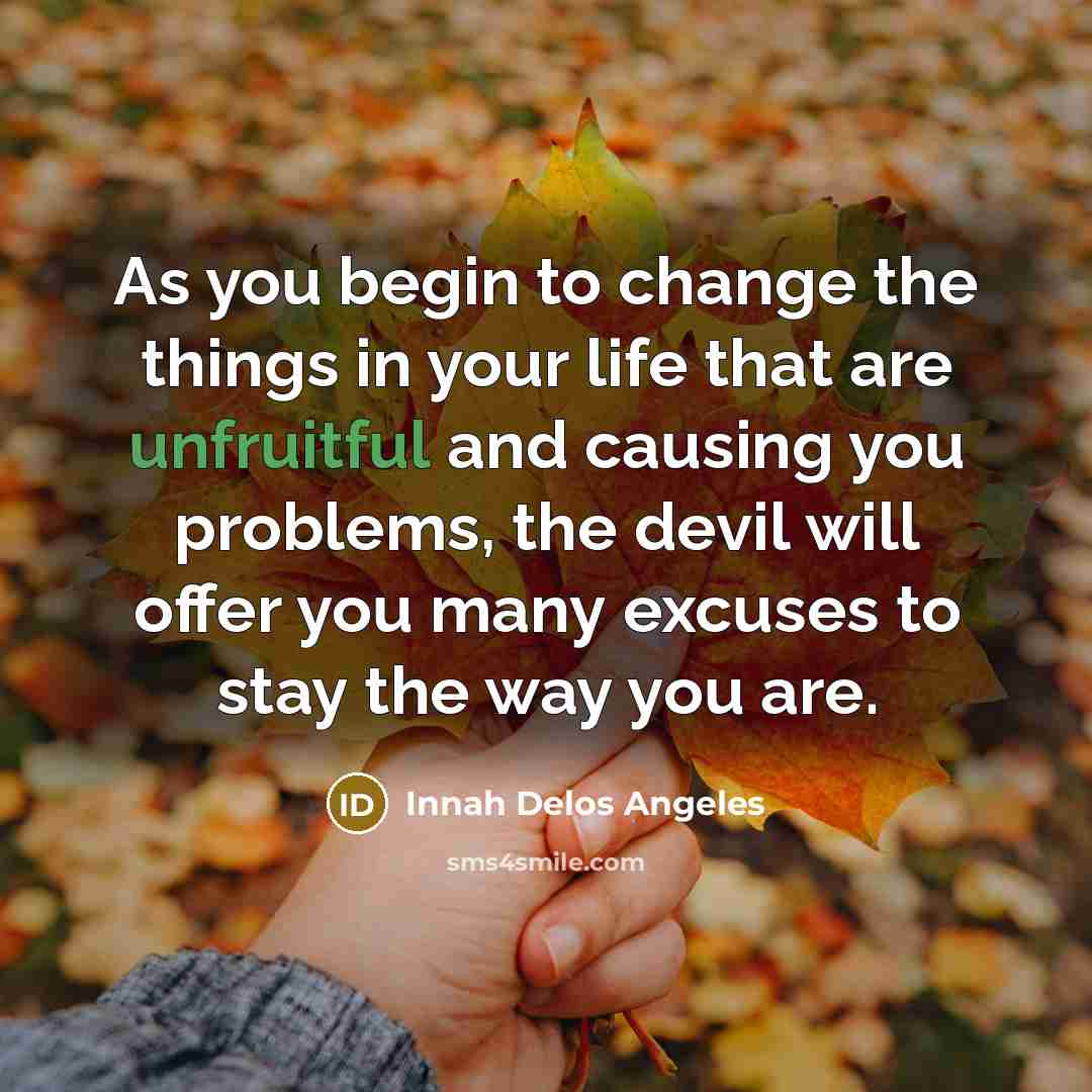 “As you begin to change the things in your life that are unfruitful and causing you problems, the devil will offer you many excuses to stay the way you are.” quote by Innah Delos Angeles