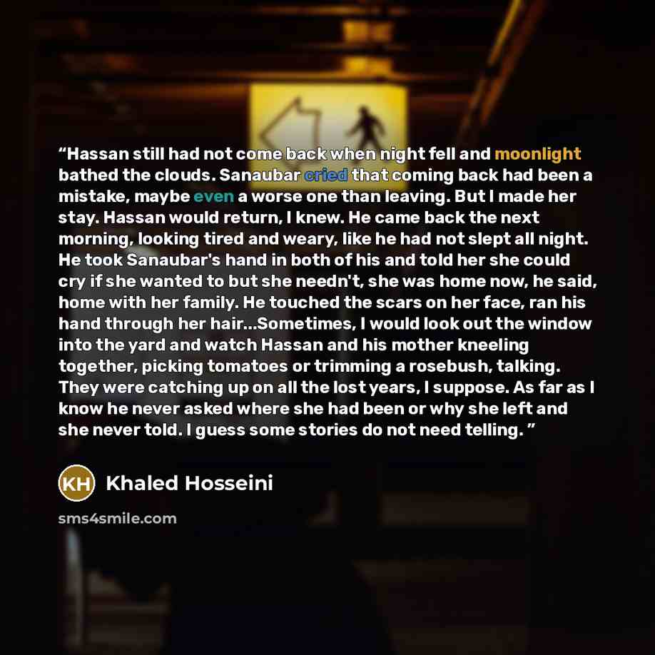 “Hassan still had not come back when night fell and moonlight bathed the clouds. Sanaubar cried that coming back had been a mistake, maybe even a worse one than leaving. But I made her stay. Hassan would return, I knew. He came back the next morning, looking tired and weary, like he had not slept…” quote by Khaled Hosseini
