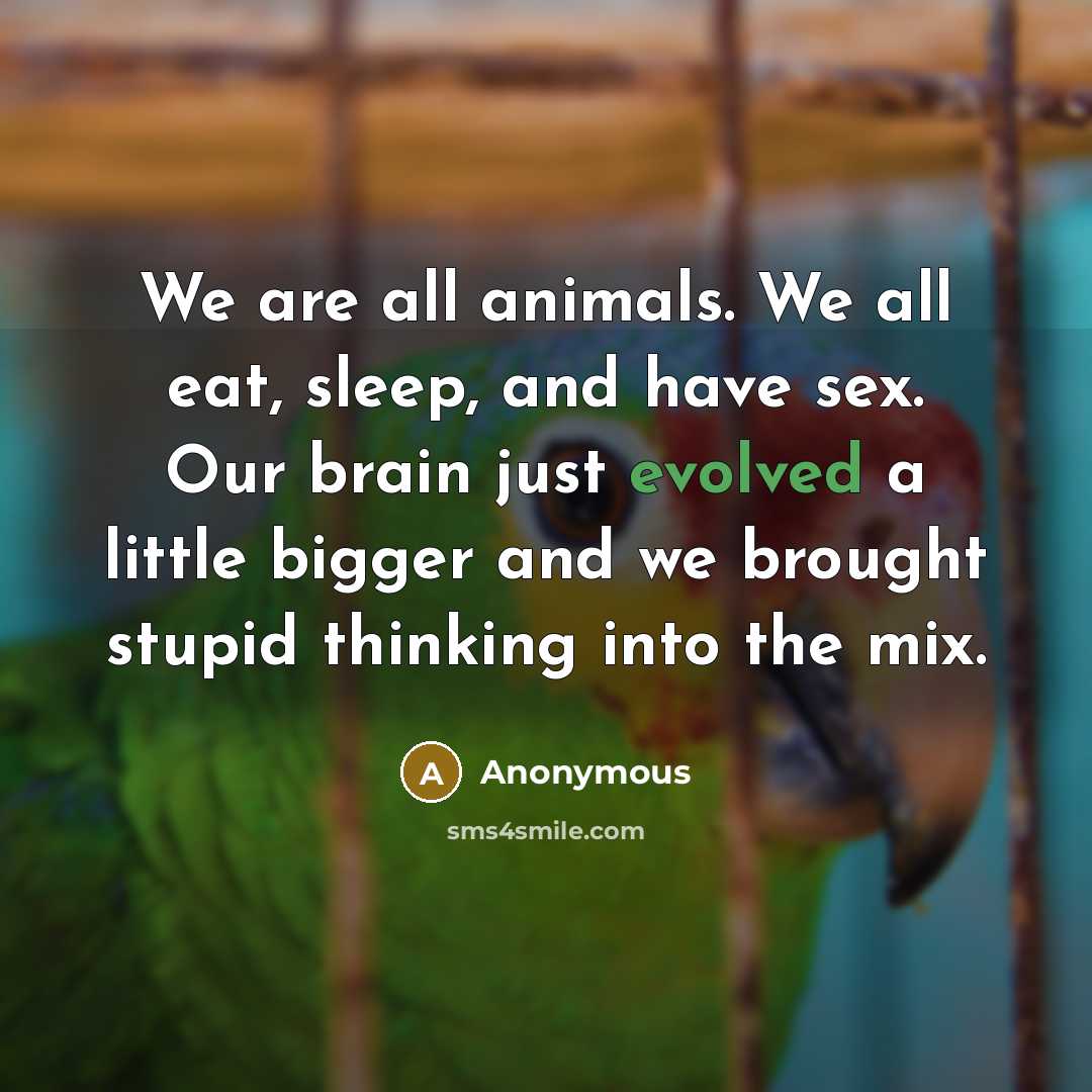 “We are all animals. We all eat, sleep, and have sex. Our brain just evolved a little bigger and we brought stupid thinking into the mix.” quote by Anonymous
