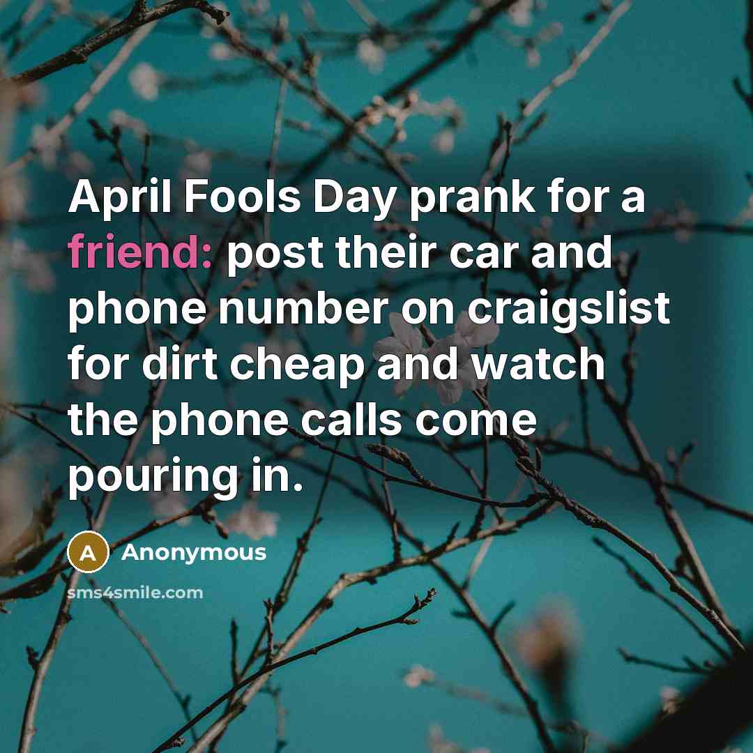 “April Fools Day prank for a friend: post their car and phone number on craigslist for dirt cheap and watch the phone calls come pouring in.” quote by Anonymous