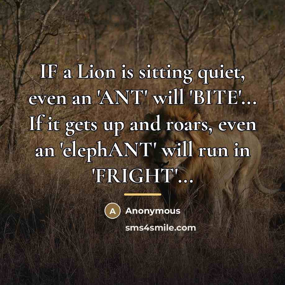 “IF a Lion is sitting quiet, even an 'ANT' will…” quote by Anonymous