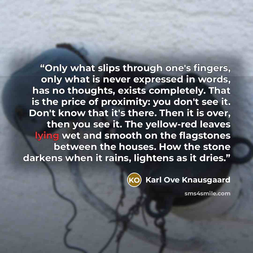 “Only what slips through one's fingers, only what is never expressed in words, has no thoughts, exists completely. That is the price of proximity: you don't see it. Don't know that it's there. Then it is over, then you see it. The yellow-red leaves lying wet and smooth on the flagstones between the…” quote by Karl Ove Knausgaard