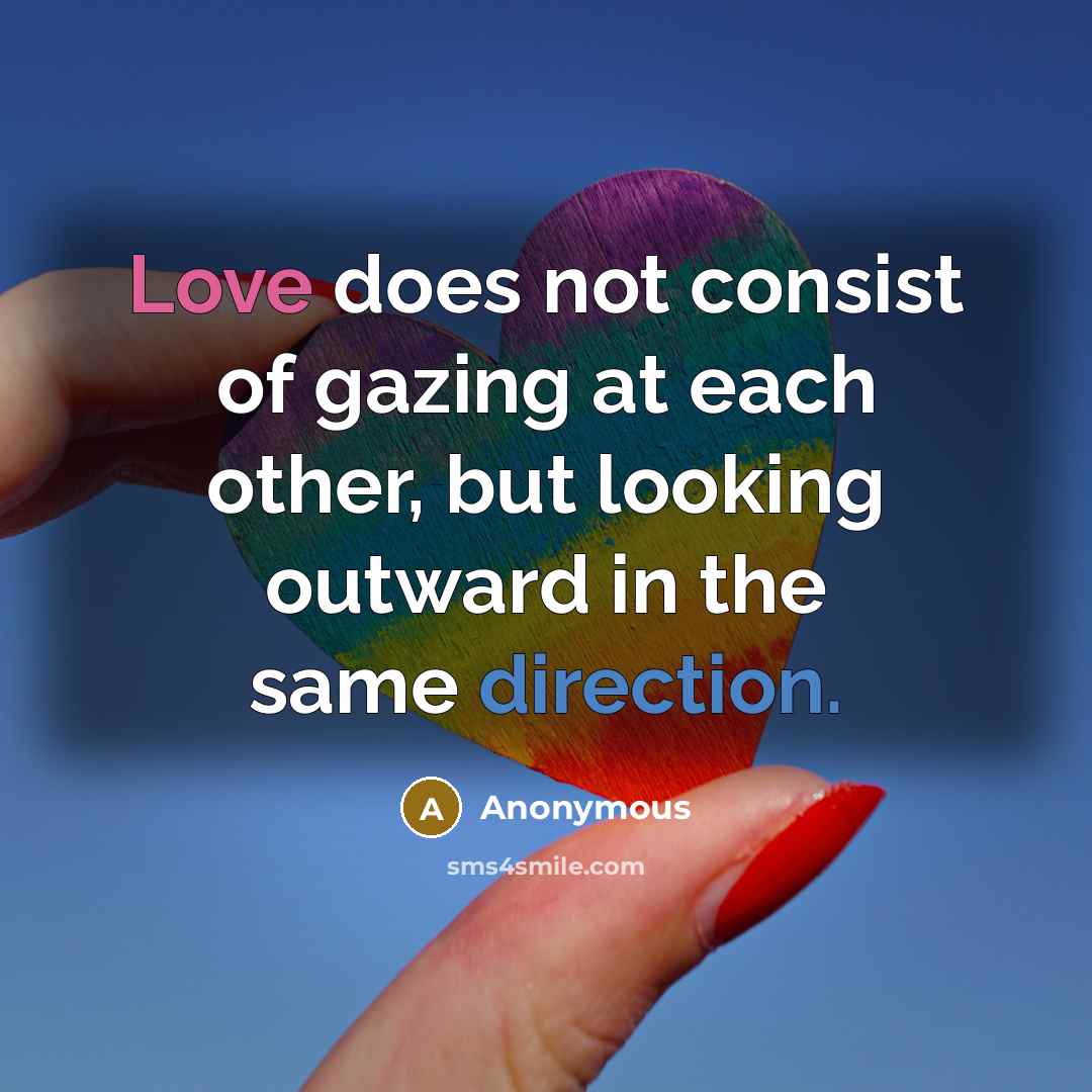 “Love does not consist of gazing at each other, but looking outward in the same direction.” quote by Anonymous