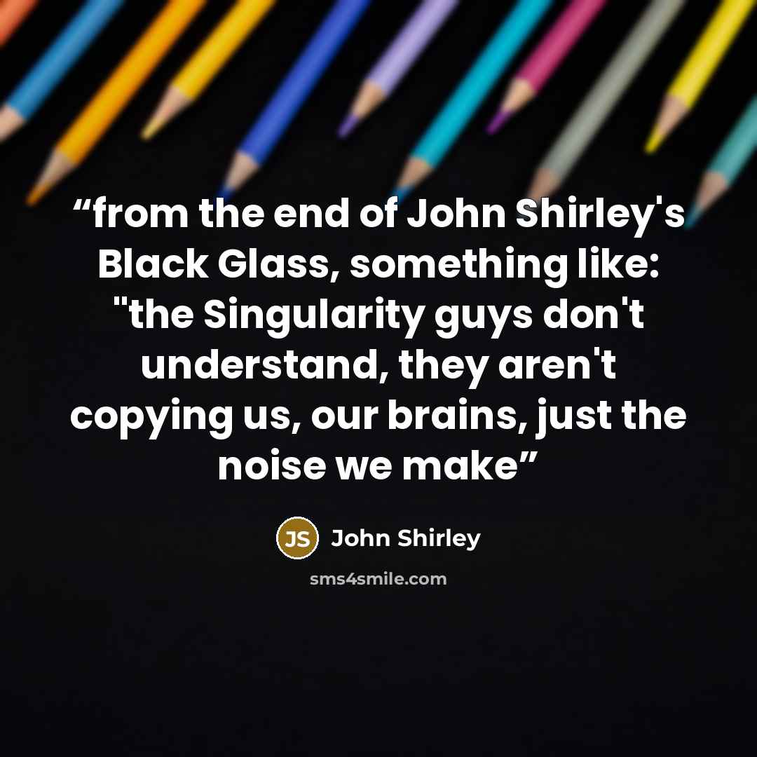 “from the end of John Shirley's Black Glass, something like: "the Singularity guys don't understand, they aren't copying us, our brains, just the noise we make” quote by John Shirley