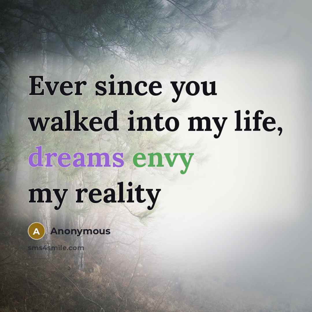 “Ever since you walked into my life, dreams envy my…” quote by Anonymous