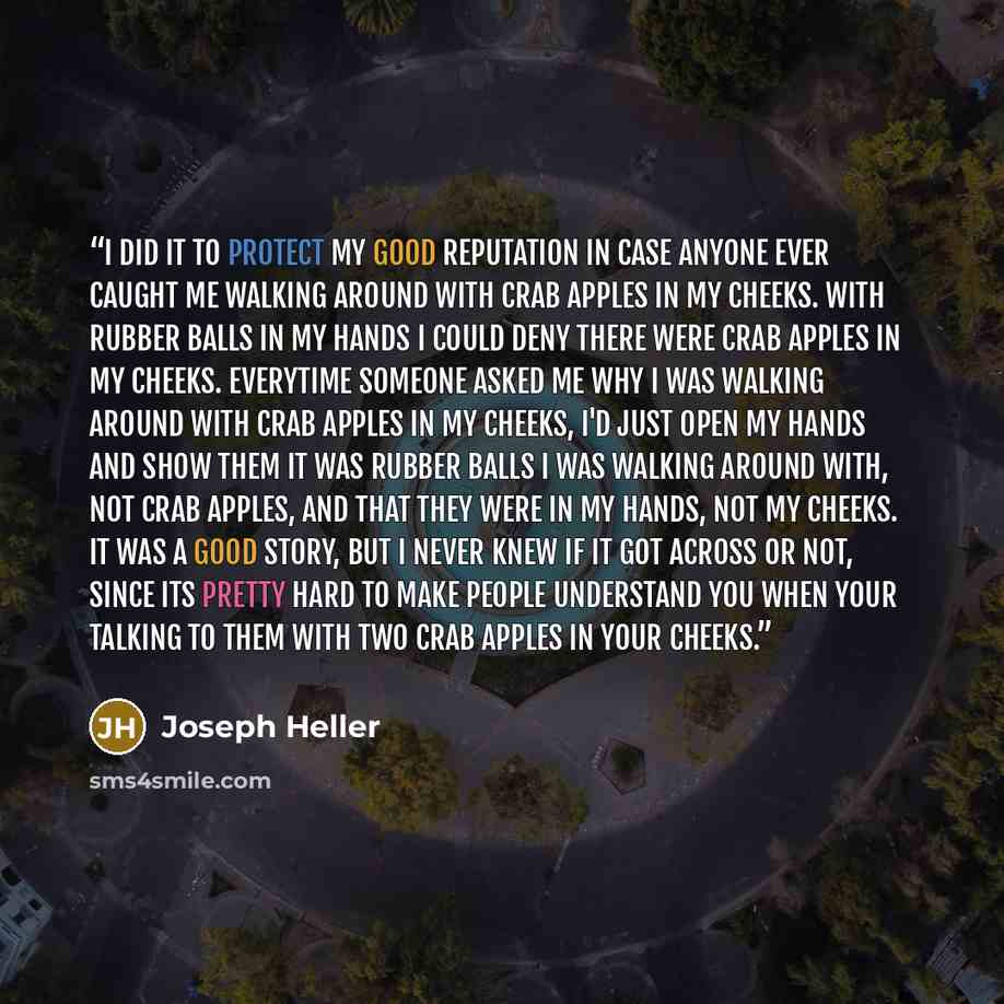“I did it to protect my good reputation in case anyone ever caught me walking around with crab apples in my cheeks. With rubber balls in my hands I could deny there were crab apples in my cheeks. Everytime someone asked me why I was walking around with crab apples in my cheeks, I'd just open my…” quote by Joseph Heller