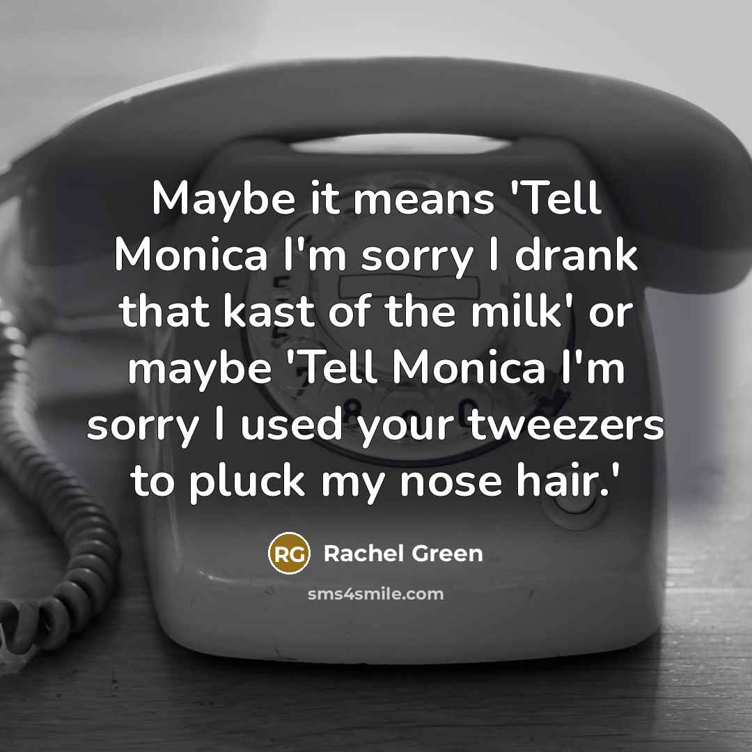 “Maybe it means 'Tell Monica I'm sorry I drank that kast of the milk' or maybe 'Tell Monica I'm sorry I used your tweezers to pluck my nose hair.'” quote by Rachel Green