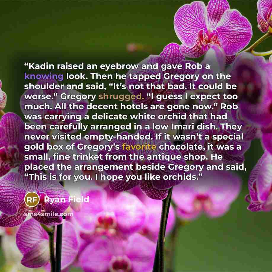 “Kadin raised an eyebrow and gave Rob a knowing look. Then he tapped Gregory on the shoulder and said, “It’s not that bad. It could be worse.” Gregory shrugged. “I guess I expect too much. All the decent hotels are gone now.” Rob was carrying a delicate white orchid that had been carefully arranged…” quote by Ryan Field