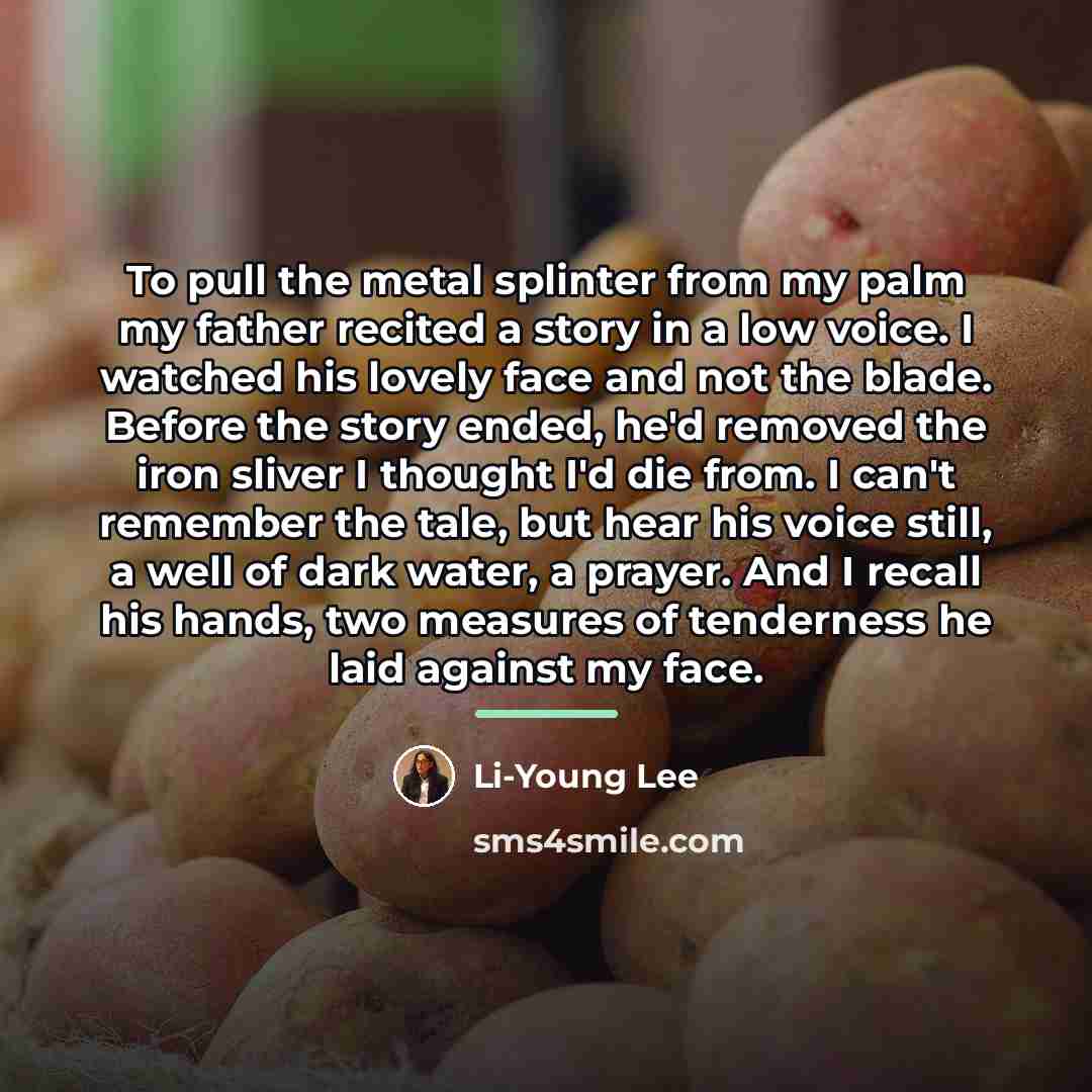 “To pull the metal splinter from my palm my father…” quote by Li-Young Lee