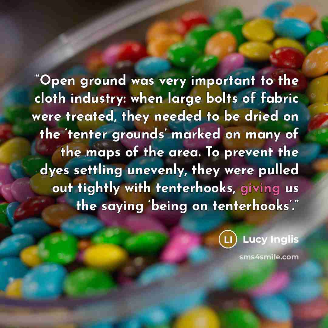 “Open ground was very important to the cloth industry: when large bolts of fabric were treated, they needed to be dried on the ‘tenter grounds’ marked on many of the maps of the area. To prevent the dyes settling unevenly, they were pulled out tightly with tenterhooks, giving us the saying ‘being…” quote by Lucy Inglis