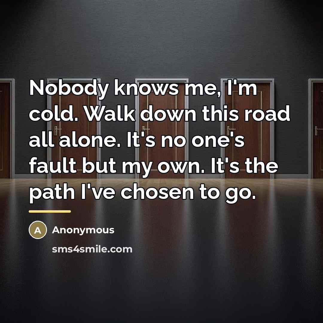 “Nobody knows me, I'm cold. Walk down this road all…” quote by Anonymous
