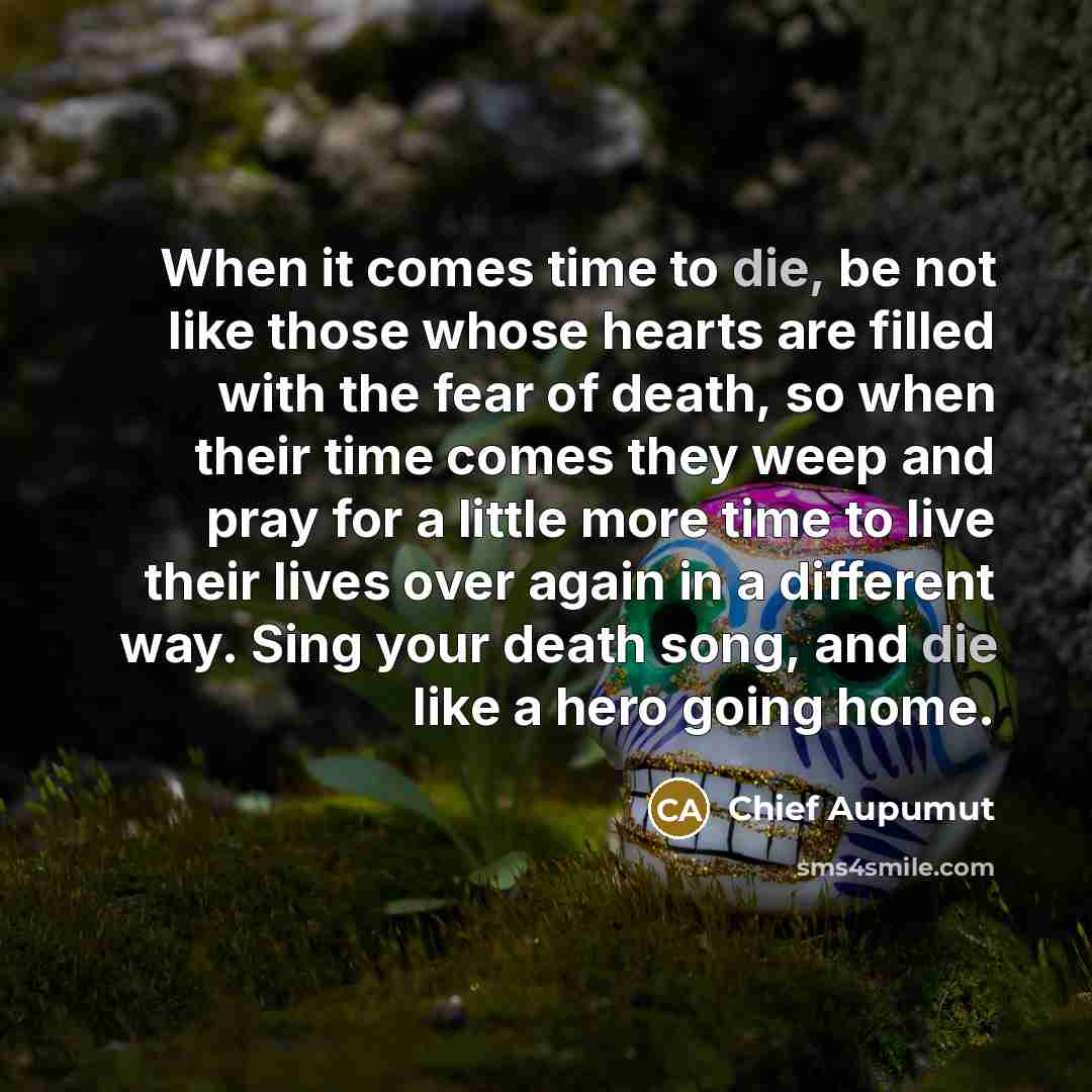 “When it comes time to die, be not like those whose hearts are filled with the fear of death, so when their time comes they weep and pray for a little more time to live their lives over again in a different way. Sing your death song, and die like a hero going home.” quote by Chief Aupumut