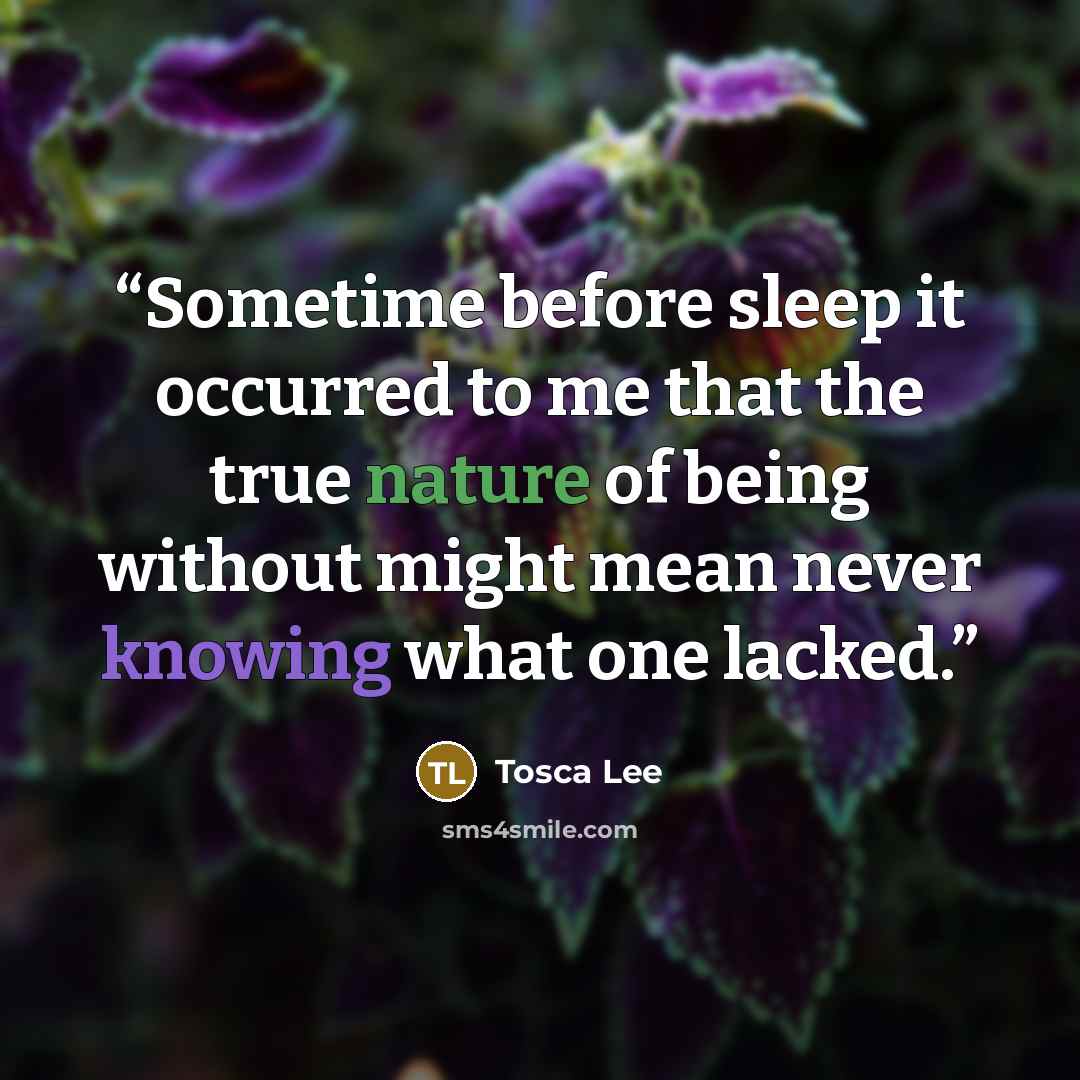 “Sometime before sleep it occurred to me that the true nature of being without might mean never knowing what one lacked.” quote by Tosca Lee