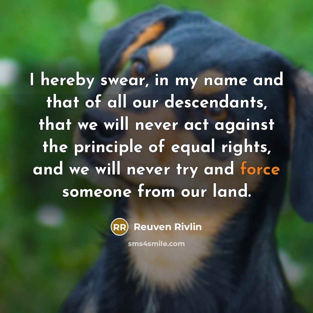 “I hereby swear, in my name and that of all our descendants, that we will never act against the principle of equal rights, and we will never try and force someone from our land.” quote by Reuven Rivlin