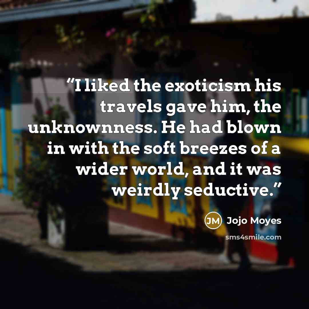 “I liked the exoticism his travels gave him, the unknownness. He had blown in with the soft breezes of a wider world, and it was weirdly seductive.” quote by jojo moyes