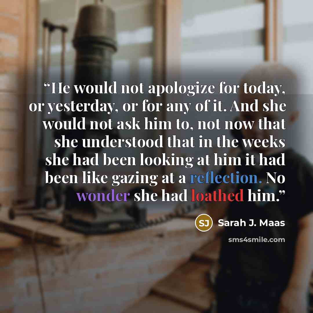 “He would not apologize for today, or yesterday, or for any of it. And she would not ask him to, not now that she understood that in the weeks she had been looking at him it had been like gazing at a reflection. No wonder she had loathed him.” quote by Sarah J. Maas