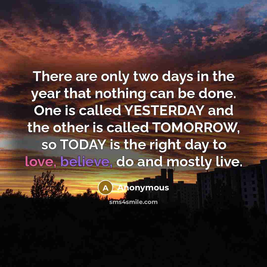“There are only two days in the year that nothing can be done. One is called YESTERDAY and the other is called TOMORROW, so TODAY is the right day to love, believe, do and mostly live.” quote by Anonymous