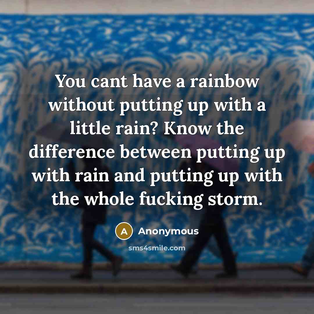 “You cant have a rainbow without putting up with a little rain? Know the difference between putting up with rain and putting up with the whole fucking storm.” quote by Anonymous
